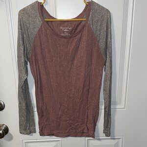 American Eagle Outfitters Maroon and Gray Long Sleeve Top